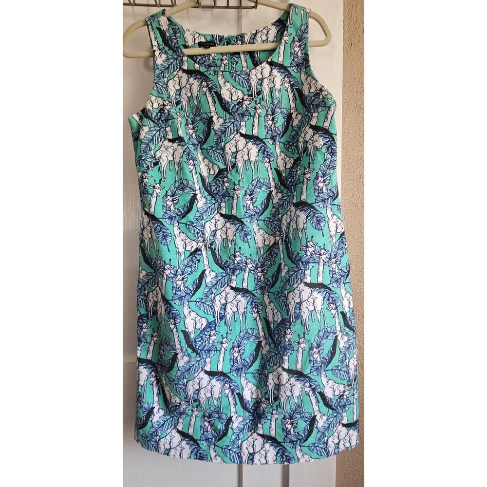 TALBOTS women sz 10 sheath shift Giraffes zoo‎ print teal cotton dress